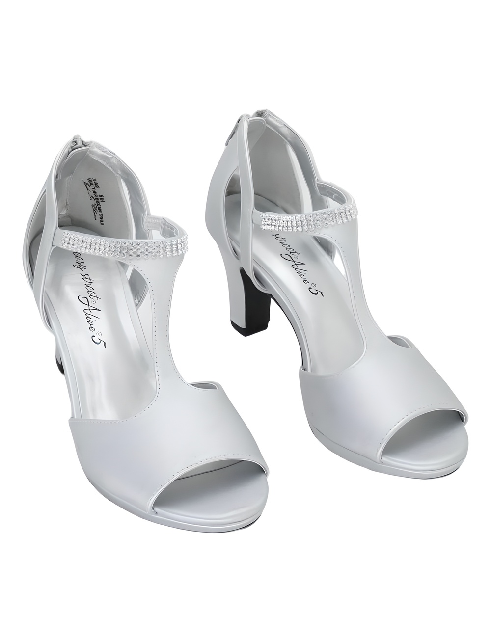 Easy Street Silver Satin Rhinestone T-Strap Dress Sandals Size 8